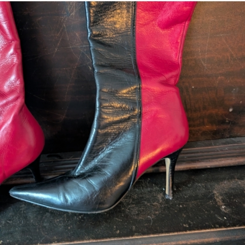 Kate Spade Made In Italy Vintage Leather Black and Red Heeled Boots EUC - Picture 4 of 10